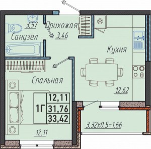 1-комнатная квартира  33,42 кв. м