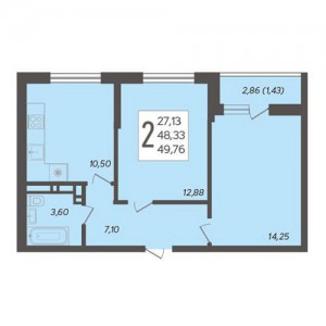 2-комнатная  квартира 49,76 кв. м