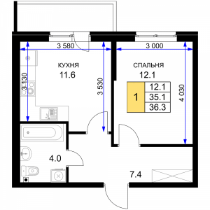 1-комнатная квартира  36.3 кв. м