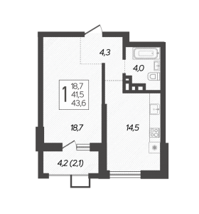 1-комнатная  квартира 43,6 кв. м
