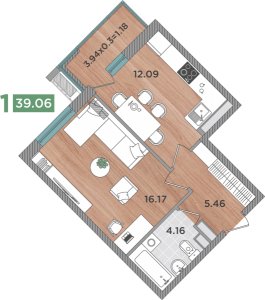 1 к.кв. - 39,06 кв.м.