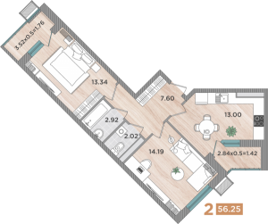 2 к.кв. - 56,25 кв.м.