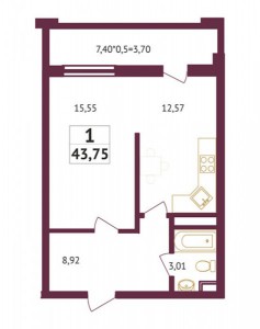 1-комнатная квартира  43,75 кв. м