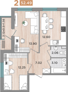 2 к.кв. - 52,49 кв.м.