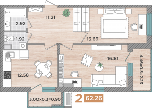 2 к.кв. - 62,26 кв.м.