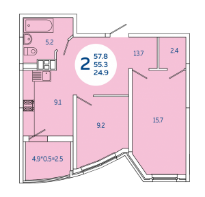 2-комнатная квартира 57.8 кв. м