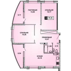 3-комнатная квартира  91,15 кв. м