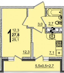 1-комнатная квартира 27.8 кв. м.