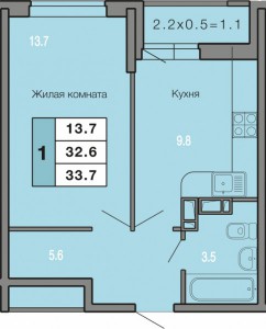 1-комнатная  квартира 33,7 кв. м